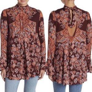 Free People Lady Luck Boho Floral Printed Bell Sleeve Tunic Top
